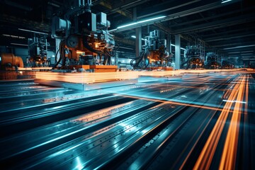 polished metallic assembly platform, with long time exposure capturing the glowing trajectories of operational lights, creating an ethereal dance against the blurred industrial setting