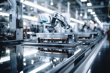 a pristine, reflective metallic assembly line surface, showcasing a clear space for product placement, contrasted by a blurred, bustling factory setting in the background