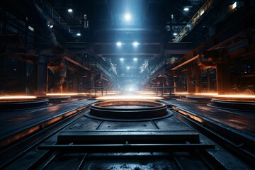 polished metallic assembly platform, with long time exposure capturing the glowing trajectories of operational lights, creating an ethereal dance against the blurred industrial setting - obrazy, fototapety, plakaty
