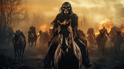 Black horseman skull of apocalypse riding black horse AI - obrazy, fototapety, plakaty