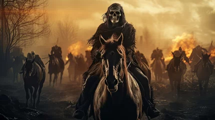 Fotobehang Black horseman skull of apocalypse riding black horse AI © Vitalii But