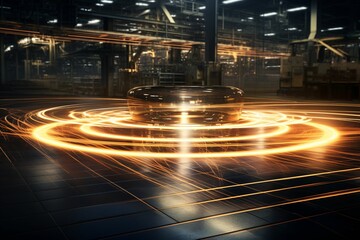 polished metallic assembly platform, with long time exposure capturing the glowing trajectories of operational lights, creating an ethereal dance against the blurred industrial setting