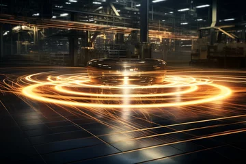 Fotobehang polished metallic assembly platform, with long time exposure capturing the glowing trajectories of operational lights, creating an ethereal dance against the blurred industrial setting © Christian