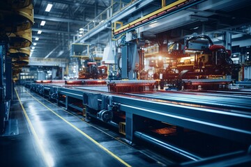 a pristine, reflective metallic assembly line surface, showcasing a clear space for product placement, contrasted by a blurred, bustling factory setting in the background - obrazy, fototapety, plakaty