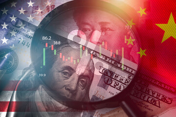 Magnifier glass focus on USD dollar and Yuan banknote with USA and China flag .It is symbol of economic tariffs trade war ,tax barrier and tech competition which it effect to global economy concept. - obrazy, fototapety, plakaty