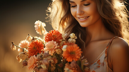 A gleeful young female cradling a radiant bunch of wildflowers in a beaming meadow is vividly pictured.