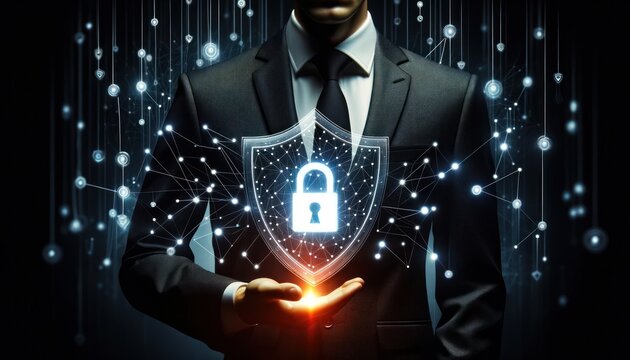 Digital protection represented by a businessman with glowing security shield