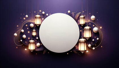 Ramadan celebration with glowing lanterns and blank circular space