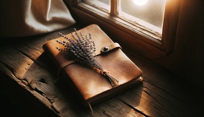 Leather-bound journal with sprigs of lavender by sunlit window - obrazy, fototapety, plakaty