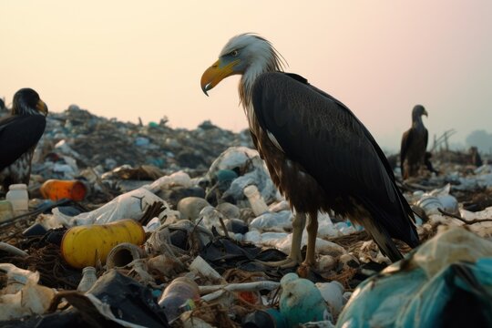 Wild birds gracefully navigating through mud amidst piles of garbage