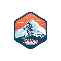 Ski club concept with skiers skiing downhill in high mountains