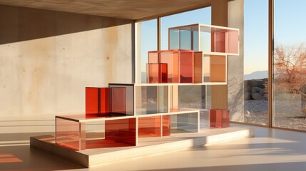 An abstract masterpiece of architectural wonder, the glass cubes on the shelf blur the lines between indoor and outdoor, merging design and art into a fluid and wild display of modern style - obrazy, fototapety, plakaty