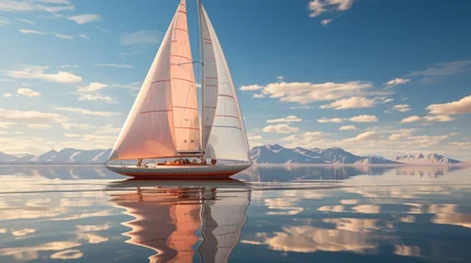 Rolgordijnen Amidst the serene lake, a sailboat dances with the wind, its mast reaching for the sky as the clouds reflect on the water, transporting us to a tranquil world of adventure and freedom © Envision