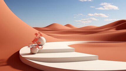 A lone plant perches atop a white staircase, reaching for the endless sky amidst the desolate desert landscape of sand dunes and untamed nature - obrazy, fototapety, plakaty
