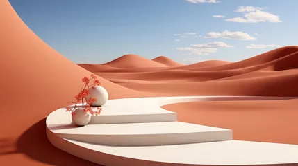 Foto op Aluminium A lone plant perches atop a white staircase, reaching for the endless sky amidst the desolate desert landscape of sand dunes and untamed nature © Envision