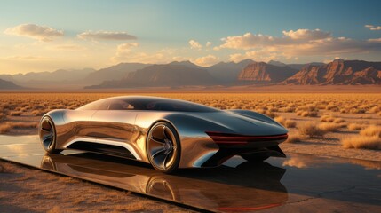 A sleek silver sports car tears through the open desert landscape, its wheels kicking up clouds of...