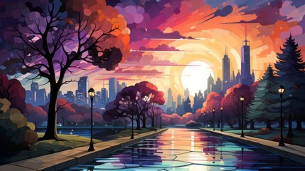 A vibrant metropolis painted with whimsical trees and flowing rivers, an anime-inspired masterpiece that captures the essence of nature's artistry - obrazy, fototapety, plakaty