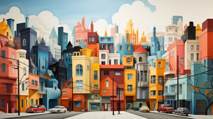A vibrant cityscape comes to life as cars weave through a mixed-use neighborhood, surrounded by towering buildings and a painted sky, evoking a sense of urban energy and artistry