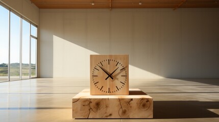 A rustic wooden clock hangs on the wall, casting shadows on the indoor floor as the large art piece...