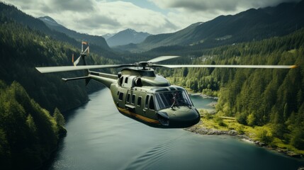 A sleek helicopter glides gracefully over the glistening river, its powerful rotors cutting through the crisp mountain air, a symbol of freedom and adventure in the vast outdoor landscape