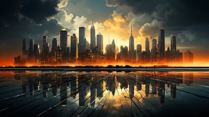 A fiery metropolis reflects against the night sky, its towering buildings and swirling clouds creating a mesmerizing cityscape that evokes both awe and fear - obrazy, fototapety, plakaty