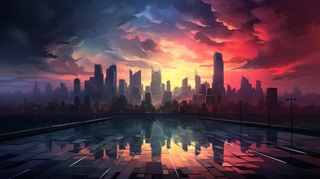 A vibrant metropolis reaches towards the sky, its buildings reflecting the fiery sunset over a shimmering pool of water, a picturesque cityscape alive with the fluid beauty of outdoor life