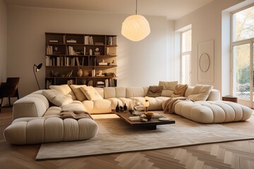 Cozy modern luxurious interior design of a living room with a white fluffy poliform sofa, tall ceiling, off-white cream colored textiles