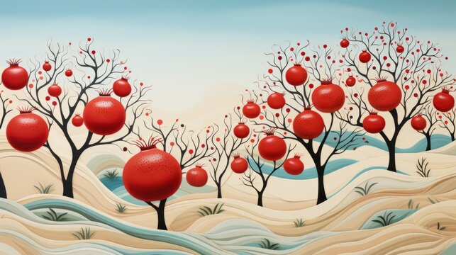 An ethereal masterpiece depicting winter landscape filled with vibrant red fruit-bearing trees, beckoning viewer to escape into its magical outdoor realm through skillful strokes of painter's brush