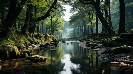 A tranquil river winds through a lush jungle landscape, reflecting the towering trees and rocky banks as it flows towards the misty bayou - obrazy, fototapety, plakaty