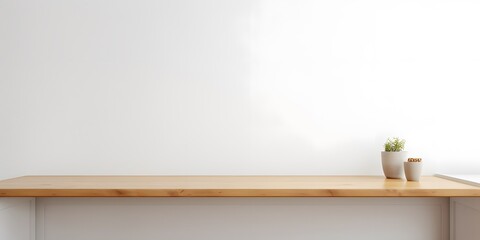 Empty wooden white table over white wall background, product display montage. High quality photo