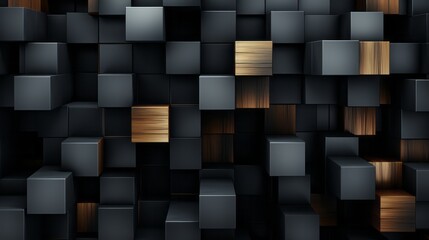 A mesmerizing display of geometric perfection, the image captures a wall of black cubes that exude an abstract and symmetrical artistry, evoking a sense of fluidity and wild design