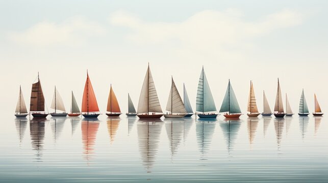 A serene sky mirrors the reflection of a fleet of sailboats, gracefully gliding through the water, evoking feelings of freedom and adventure on their transport vessels