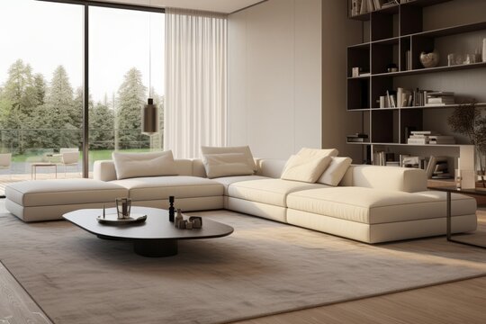 Cozy modern luxurious interior design of a living room with a white fluffy poliform sofa, tall ceiling, off-white cream colored textiles