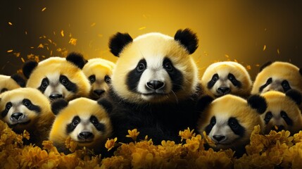 A majestic group of playful pandas frolic among a vibrant sea of blooming flowers, basking in the...