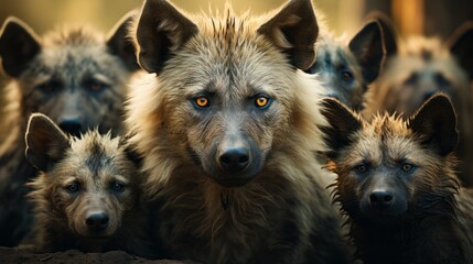 A pack of feral canines, with piercing yellow eyes and thick fur, roam freely in the great outdoors, their wild instincts guiding their every move - obrazy, fototapety, plakaty