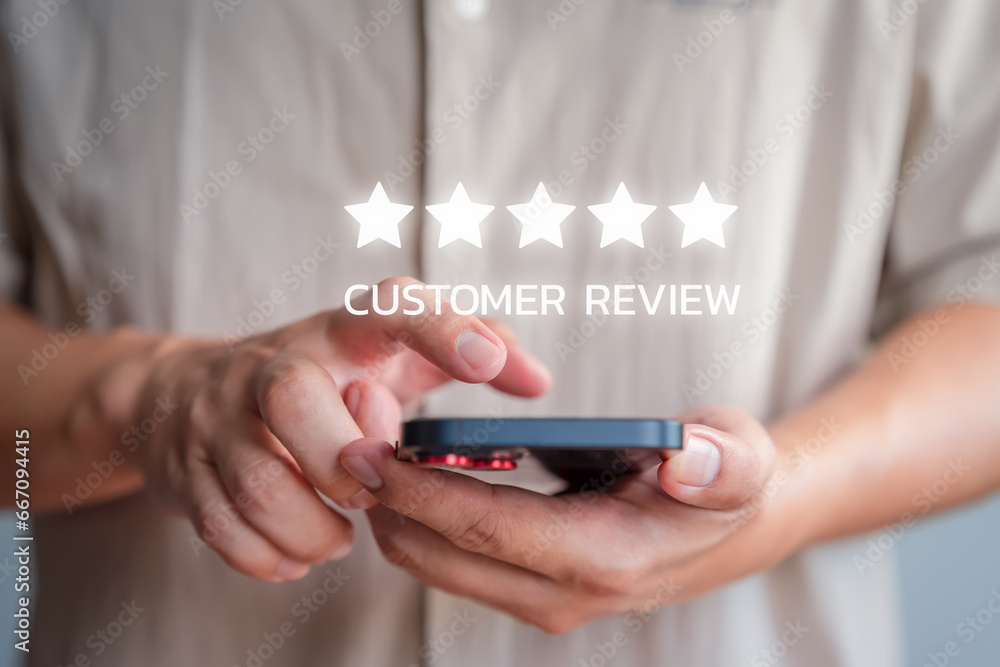 Poster customer using a smartphone give point five stars icon for feedback review satisfaction service opin