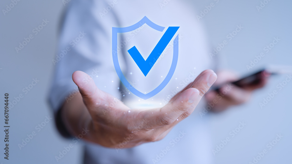 Poster User hand show the warranty identity proof icon for security protection system on virtual screen. Certified guarantee approval or secure access system concept. Quality assurance of business service.