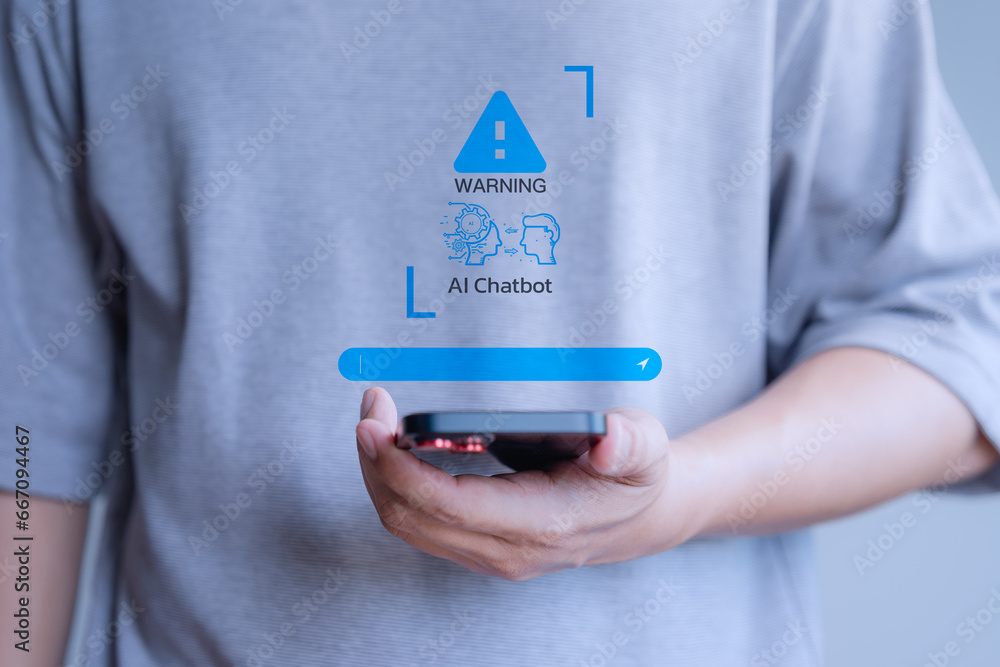 Poster Chat with application AI, Artificial Intelligence. User using smartphone chatting with smart AI, apps artificial intelligence chatbot with triangle caution warning sign for notification error.