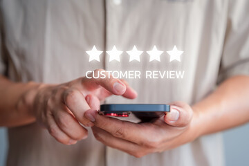 Customer using a smartphone give point five stars icon for feedback review satisfaction service...