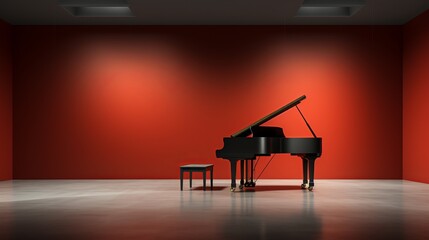The vibrant red piano and elegant harpsichord stood proudly against the wall in the dimly lit room,...