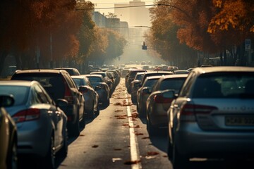 An urban road congested with the flow of traffic and gas emissions - obrazy, fototapety, plakaty