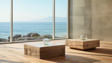 A solitary glass ball sits perched on a wooden table, its view of the ocean from the window overlooking the beach a stark contrast to the empty indoor space and bare floor below