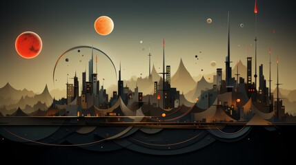 Under a starry sky, a city adorned with towering structures basks in the ethereal glow of the moon, its outdoor skyline a mesmerizing display of urban wonder and endless possibilities - obrazy, fototapety, plakaty