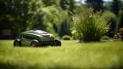 Gordijnen Robotic Lawn Mower cutting green grass in the garden. Automatic robot lawnmower in modern garden on sunny day close up. © petrrgoskov