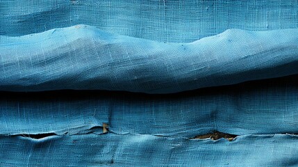A vibrant blue textile, frayed and imperfect, embodying both strength and vulnerability in its tattered fabric - obrazy, fototapety, plakaty