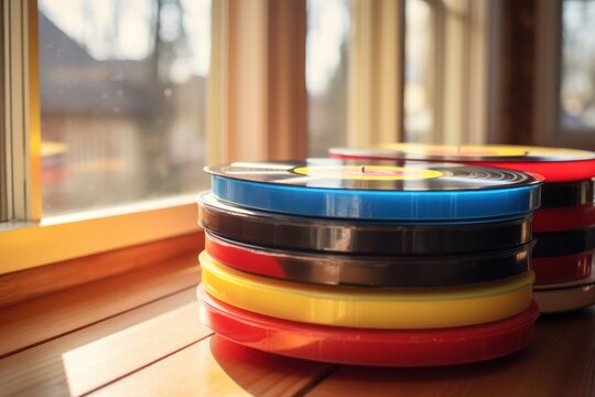 Colorful Vinyl records stack  on top. Pile of classic music vinyl records.