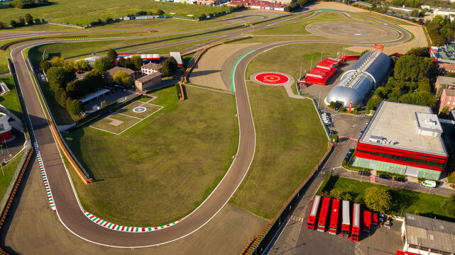 Aerial view of the Fiorano Circuit. It is a private racetrack owned by Ferrari for development and testing purposes. It's located near Maranello, Emilia Romagna. Fiorano Modenese, Italy - October 2023