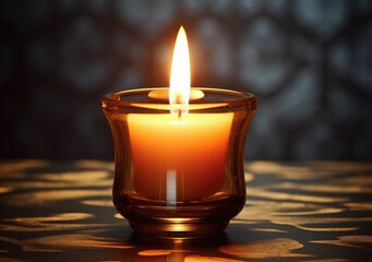 vela encendida dentro de un vaso de cristal sobre mesa decorada  con fondo oscuro desenfocado