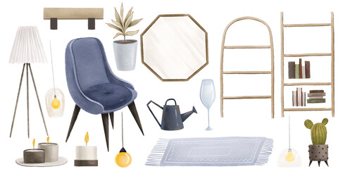 Isolated clip art with interior elements. Armchair, electric lamp, mirror, shelves, candles, carpet. Home decor. Interior constructor, hand painted illustration