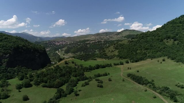 Aerial footage over the Debed valley near Odzun Village on a sunny day in Lori Province, Armenia